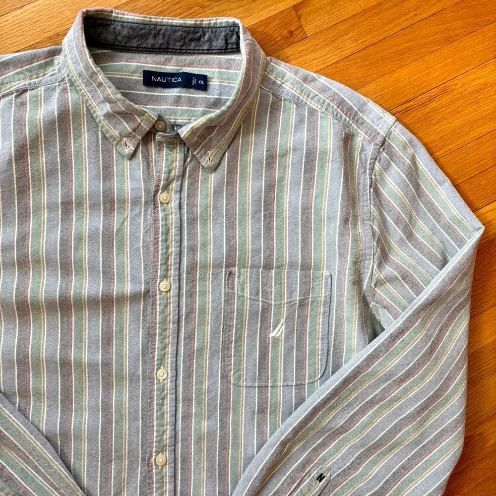 Nautica Striped Long Sleeve Button Down Shirt Men's XXL 100% Cotton Blue Green